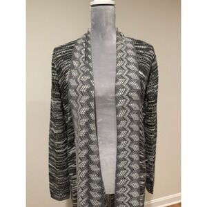 Chico's Sz M Open Knit Cardigan Sweater Open Front Gray Green White Lagenlook